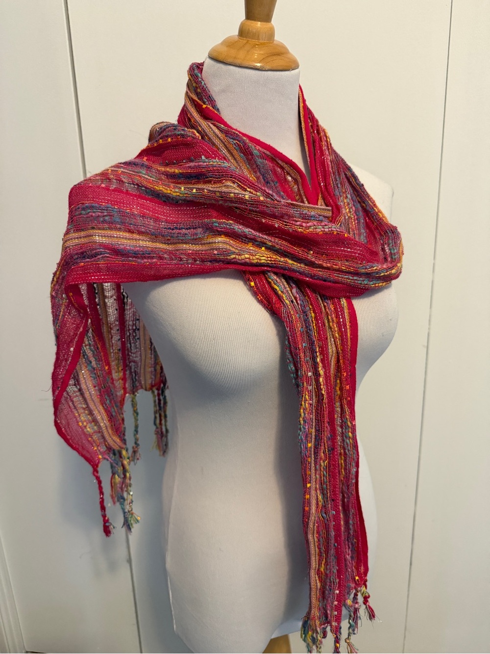 Pink Multicolor Fringe Scarf - Lightweight - Picture 5 of 10